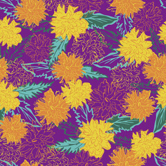 Fototapeta na wymiar Vector seamless pattern of abstract blooming flowers. Yellow and orange flowers on violet background. Clothes design.