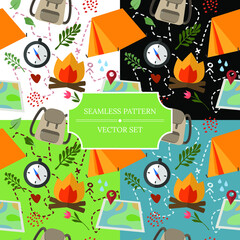 Set of seamless vector patterns with travel elements, hiking and camping. Collection of vector illustrations for designing posters, cards, prints, stickers, wallpaper, fabric, textile, gift paper