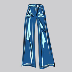 Flared jeans. Bell-bottomed trousers. Basic wardrobe. Score. Shopping. Clothes, shoes, bags for every day. Vector isolated images.