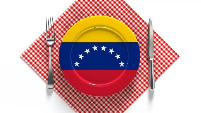 National cuisine of Venezuela. Delicious recipes from Latin America. Flag on a plate with food from Venezuela.