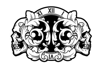 Skulls, clock and foliage pattern. Vintage illustration.