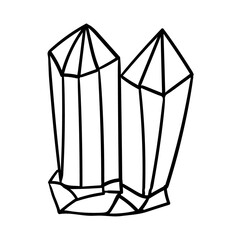 Diamonds and crystals graphic line drawing. Healing single crystal isolated on white background. Black and white mystical crystal. Hand drawn vector illustration in the doodle style