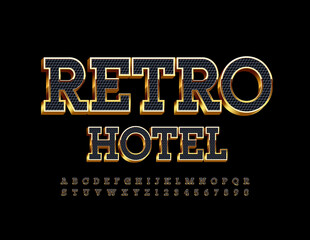 Vector premium logo Retro Hotel. Elite Black and Gold Font. Textured 3D Alphabet Letters and Numbers