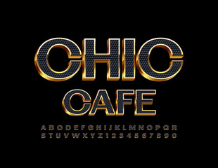 Vector premium template Chic Cafe. Textured Black and Gold Font. 3D Alphabet Letters and Numbers set