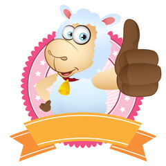 Cartoon Sheep thumbs up with badge label