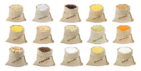 The set of cereals in sacks isolated on a white background. Collection of cereals and flakes in...