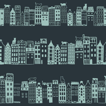 Vector dark blue green city cats seamless pattern