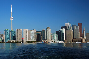 Fototapeta na wymiar Toronto waterfront from the lake in the morning