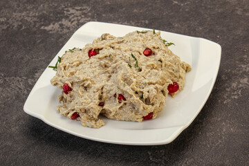 Vagan dietary cusine - mutabal with granet seeds
