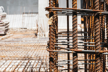 reinforcement steel rod and deformed bar with rebar at construction site .metal net steel