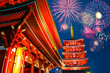 Fireworks near the Senso-ji temple of Asakusa in Tokyo. Japan