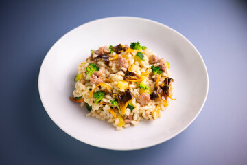 Risotto with vegetables, mushrooms and cheese. Traditional italian recipe. 