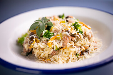 Risotto with vegetables, mushrooms and cheese. Traditional italian recipe. 