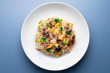 Risotto with vegetables, mushrooms and cheese. Traditional italian recipe. 