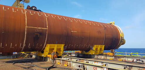 pile in the cradle ready for installation in a wind farm offshore construction field