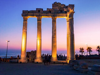 A view towards the ruins of Apollos Temple in Side, Turkey at sunset in summertime
