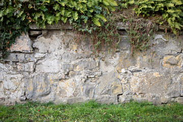 stone wall surrounded by bushes and grass as background