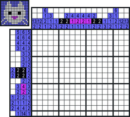 Japanese crossword. Colorful. Paint by number puzzle. Education game for children. White cat