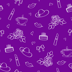 Seamless vector pattern with cute doodles of lipstick, lips, cup, flower, hearts, bow, cake and hat. Background for girls, women. For the design of textiles, printing products, wrapping paper