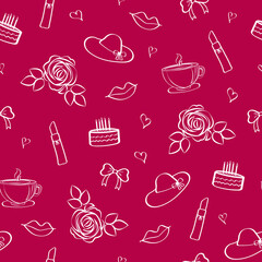 Seamless vector pattern with cute doodles of lipstick, lips, cup, flower, hearts, bow, cake and hat. Background for girls, women. For the design of textiles, printing products, wrapping paper