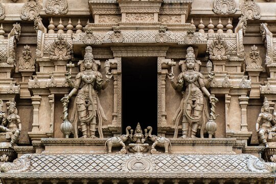 Sri Shakti Devasthanam Temple in Selangor, Malaysia. It is one of the most beautiful hindu temples in Malaysia. Details of the hindu sculptures on the facade.