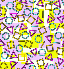 Seamless vector abstract pattern. Geometric shapes, circles, squares, lines in the original ornament. Texture background
 in the retro style of the 80s and 90s for the design of fashionable fabrics 