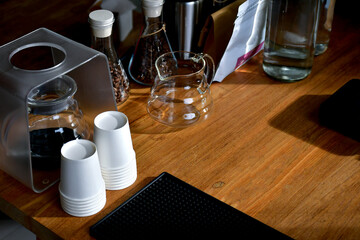 Barista  coffeebean and equipment on a wooden table.