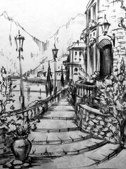 Drawing of architectural structures of the old city executed from life . Historical building on the embankment of the seaside . Cityscape sketch handmade