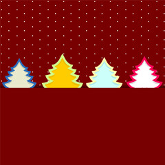 Four colorful Christmas tree on red polka dot background. Christmas greeting card. Vector illustration