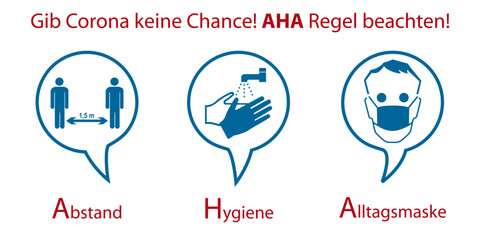 AHA (Abstand, Hygiene, Alltagsmaske) Regeln gegen Corona. Hinweisschilder für Covid-19