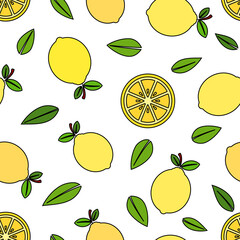 Yellow lemon cartoon vector illustration, full, slices and leaves, with black outline, over white background.