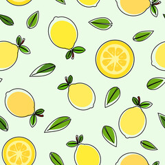 Yellow lemon, black outline, unfit colored, illustration, full, slices and leaves, over white background