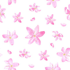 Watercolor beautiful seamless pattern with pink flowers. Perfect for printing, textile, web design, photo albums, scrapbooking and other souvenir products.