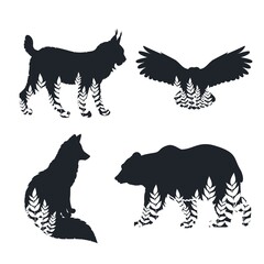 Set of animal silhouettes of fox, bear, owl, lynx