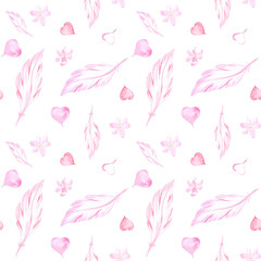 Romantic seamless pattern with feathers and hearts. Perfect for printing, textile, web design, photo albums, scrapbooking and other souvenir products.