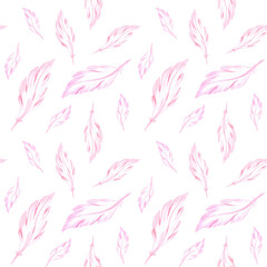 Fototapeta na wymiar Watercolor delicate pattern with airy feathers. Perfect for printing, textile, web design, photo albums, scrapbooking and other souvenir products.