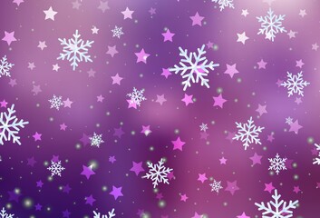 Light Purple, Pink vector background with xmas snowflakes, stars.