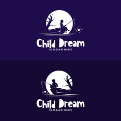 Set of boy fishing a star in the moon logo design