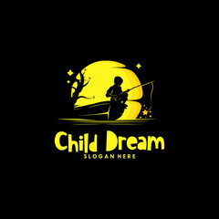 A boy fishing a star in the moon logo design