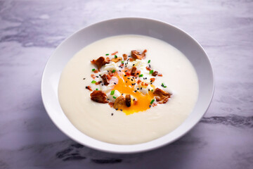 Poached egg with potato cream and mushrooms