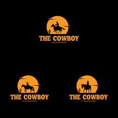 Set of Cowboy Riding Horse Silhouette at Night Logo
