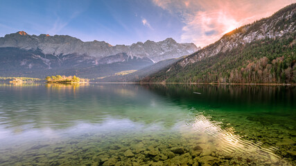 Eibsee Lake at Bavaria close to the Zugspitze with crystal clear mountain water