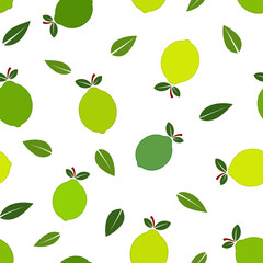 Green lemon illustration, flat design, and leaves, over white background 