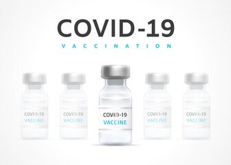COVID-19 Vaccination Banner. Vaccine bottles are in a row and one in the center is selected. Vaccination Campaign Concept. Combating Coronavirus Sars-Cov-2 Pandemic