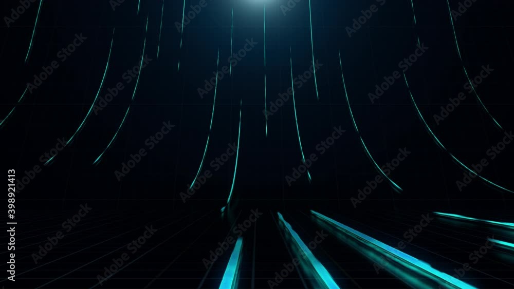 Poster line blue glow motion graphic run to camera on the digital grid with 3d rendering.