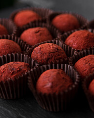 candy cane truffle close-up on a dark background, macro