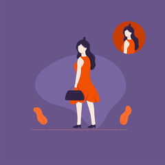 Vector illustration, a beautiful young woman wearing a red mini dress with a bag, modern flat people character 