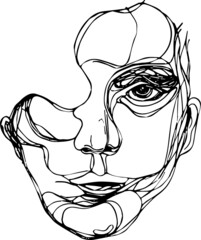 line art face. woman's face with one eye, looking straight. Abstract minimal woman portrait. Logo, icon, label