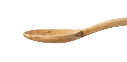 Side view of wooden spoon coming from left and isolated on white background