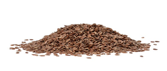 Large pile of linseed og flax seed seen from low angle and isolated on white background